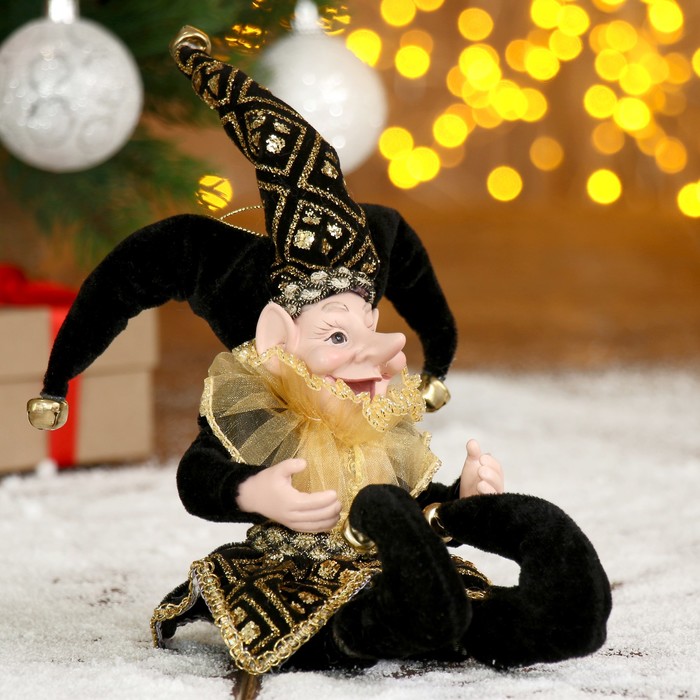 Новогоднее украшение "Шут" в чёрном камзоле и тройном колпаке