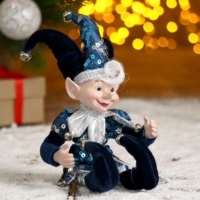 Новогоднее украшение "Шут" эльф в синем камзоле