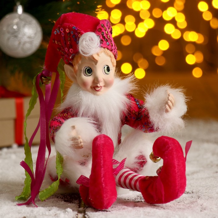 Новогоднее украшение "Шут" мальчик в розовом камзоле с опушкой