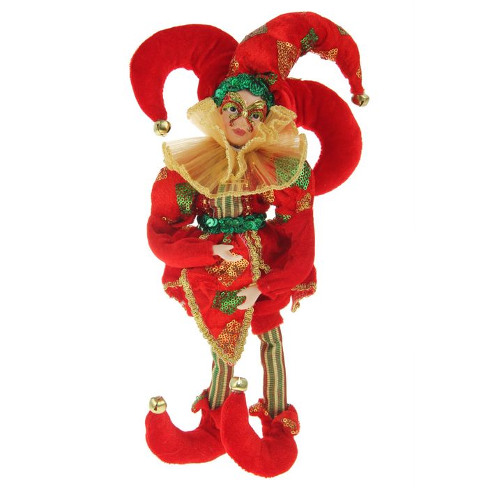 Новогоднее украшение "Шут с маской-бабочкой" в красном камзоле