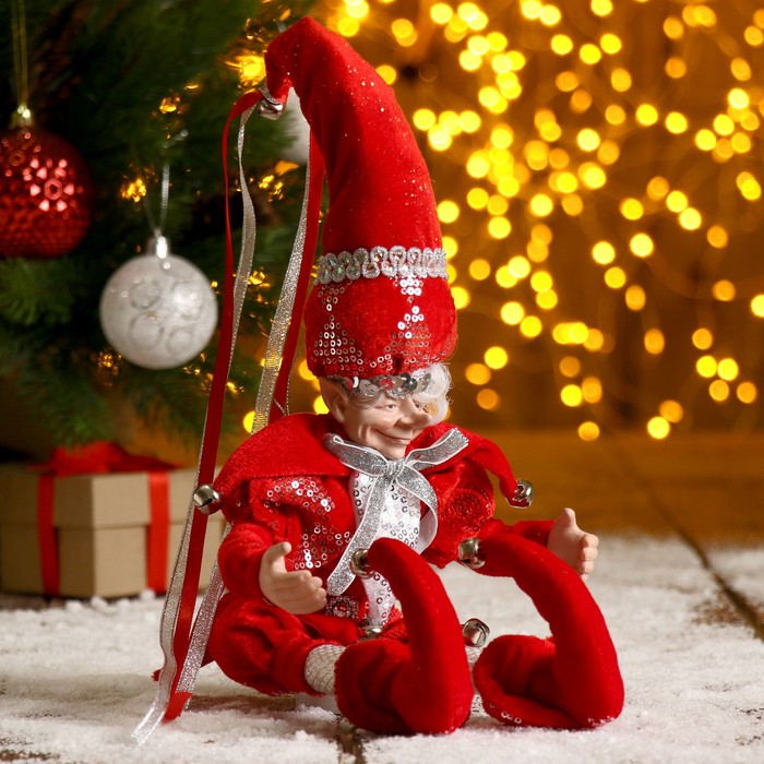 Новогоднее украшение "Шут" гном в красном камзоле