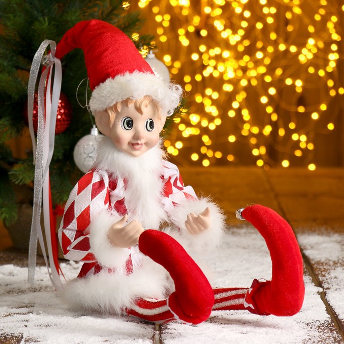 Новогоднее украшение "Шут" в красно-белом камзоле