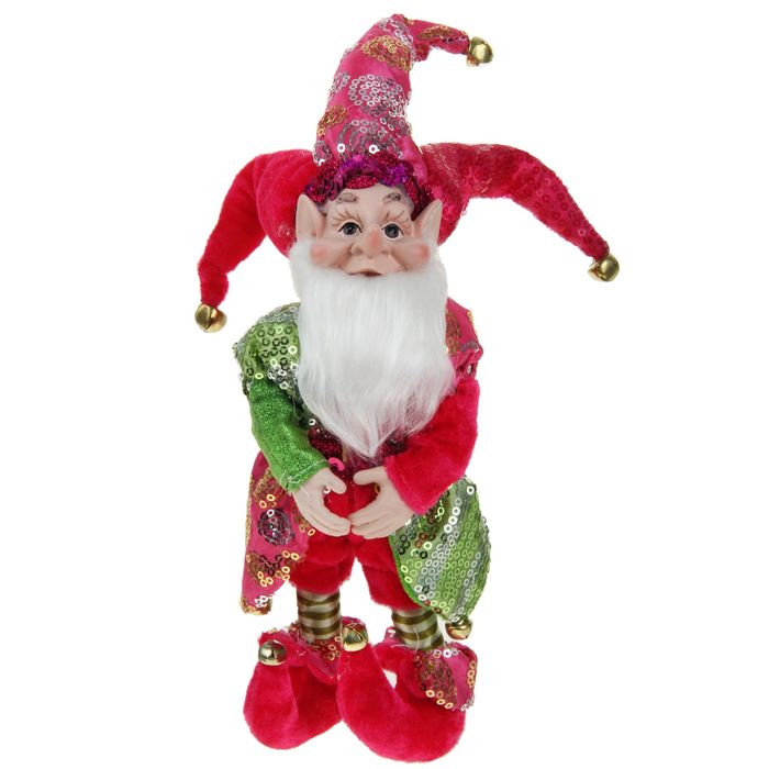 Новогоднее украшение "Шут" гном в розовом камзоле