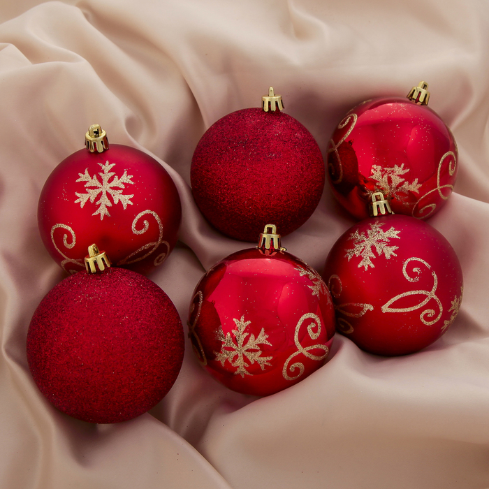 Новогодние шары "Узоры со снежинками" (набор 6 шт.), красные