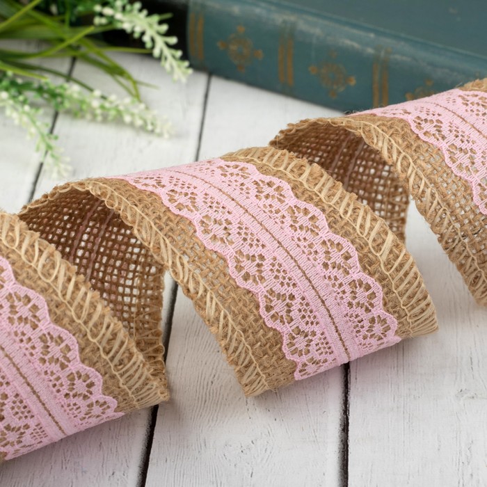 Лента холщовая "Кружево", натуральная, 48мм, 5±1м, цвет розовый