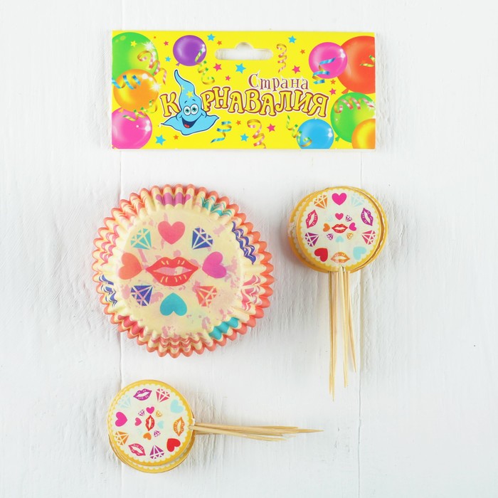 Украшение для кексов "Поцелуй" с сердцами, набор 24 пики, 24 формочки