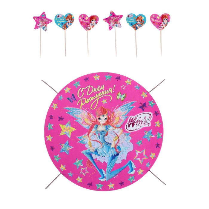 Украшения для пирожных "С Днем Рождения", феи ВИНКС, Блум (подставка + шпажки 12 шт)