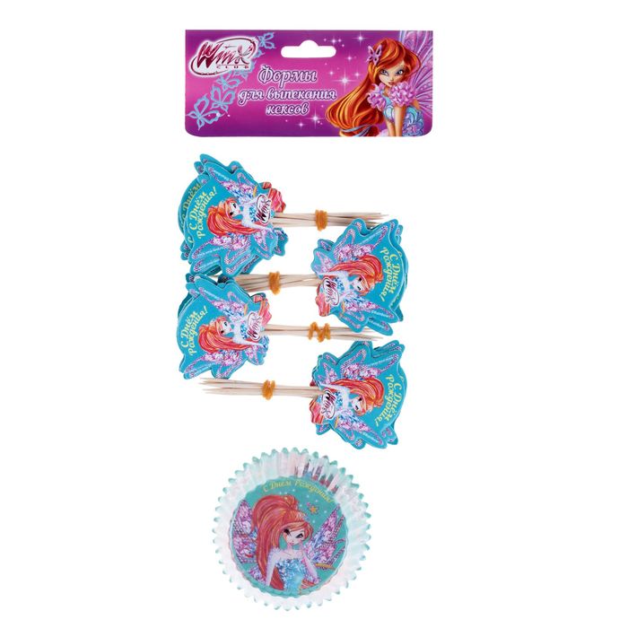 Набор для выпекания кексов: шпажки (24 шт) и формы (24 шт) "С Днем Рождения", феи ВИНКС: Блум