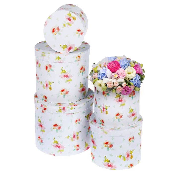 Набор коробок 5 в1 круг «Акварельные цветы», 14 х14 х13/ 16 х 16 х14/ 18 х18 х15/ 20 х20 х17,5/ 22х22х19см.