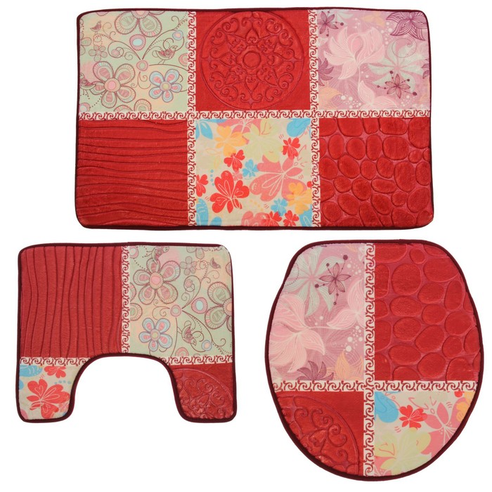 Набор ковриков для ванны и туалета "Коллаж" 3 шт, цвет красный