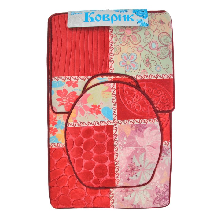 Набор ковриков для ванны и туалета "Коллаж" 3 шт, цвет красный