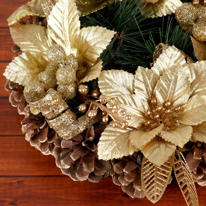 Венок новогодний d-20 см с цветами и лентами, золото