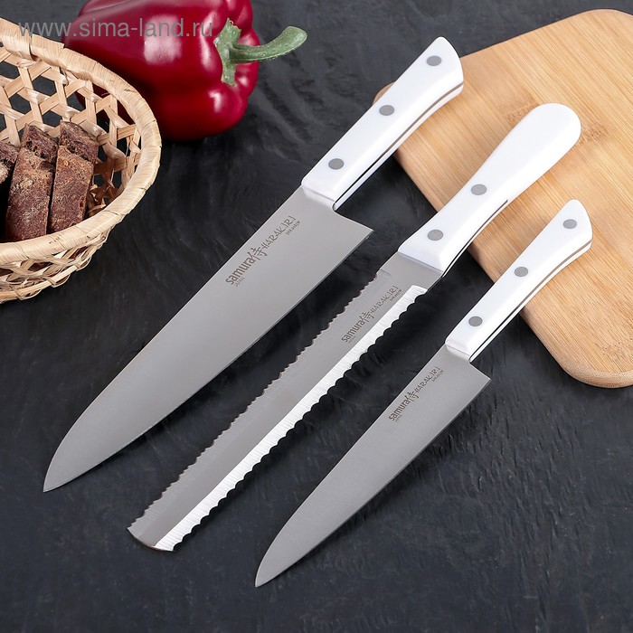 фото Набор кухонных ножей samura harakiri, 3 шт, лезвия 15 см, 18,5 см, 20,8 см, белая рукоять, сталь aus-8