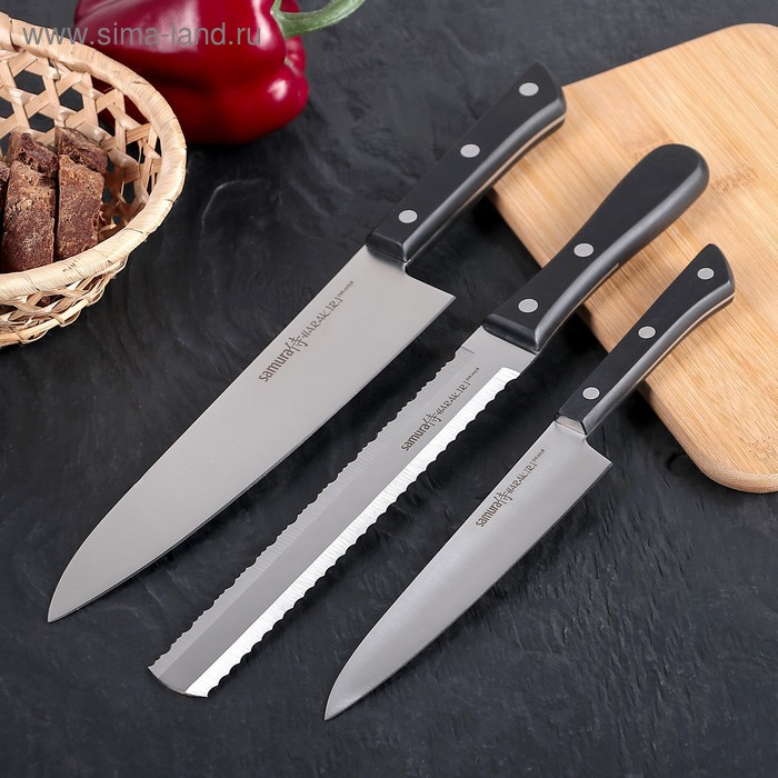 фото Набор кухонных ножей samura harakiri, 3 шт, лезвия 15 см, 18,5 см, 20,8 см, чёрная рукоять, сталь aus-8