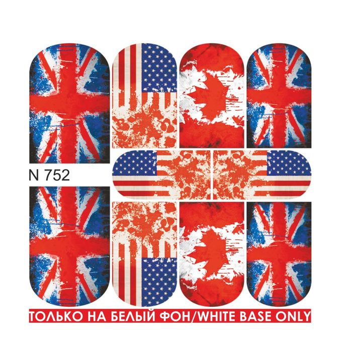 Слайдер-дизайн для маникюра "Флаги", N752, цвет белый/синий/красный