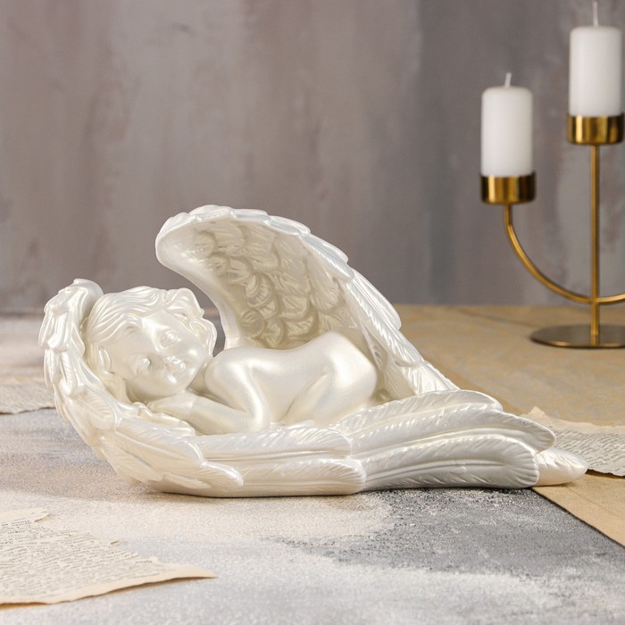 фото Статуэтка "ангел в крыле", перламутровая, 17 см premium gips