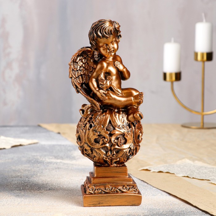 Статуэтка "Ангел на резном шаре с голубкой" средняя, бронза