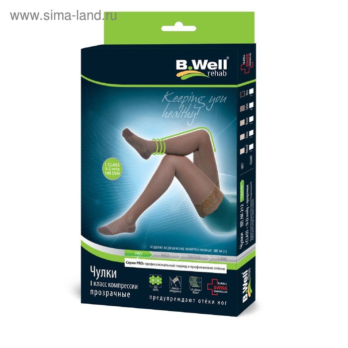 Чулки компрессионные B.Well, JW-212, прозрачные с ажурным верхом, 1 класс, размер 4, цвет Nero