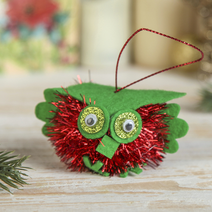 Мягкая ёлочная игрушка "Совёнок" красный блеск