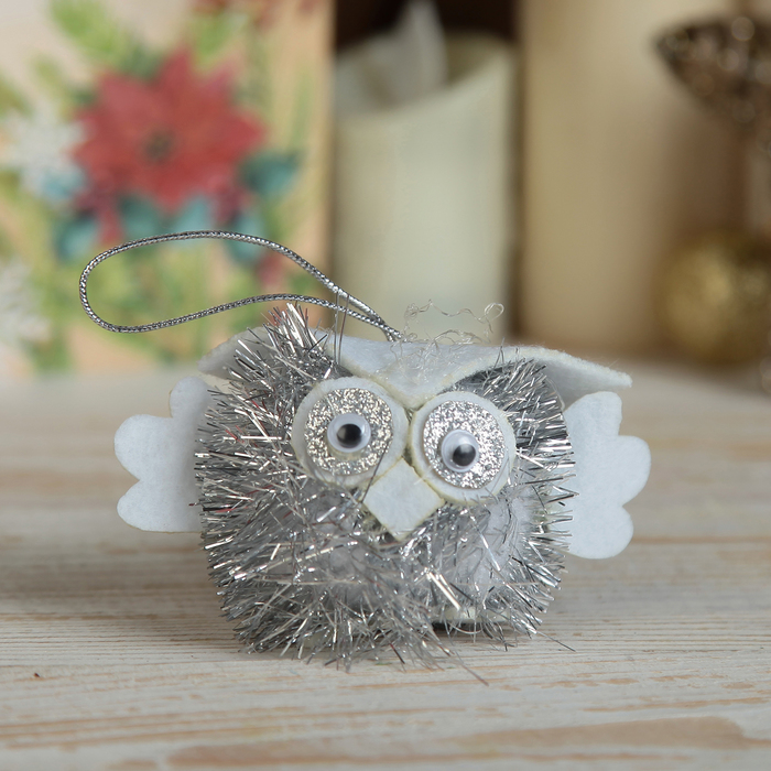 Мягкая ёлочная игрушка "Совёнок" серебряный блеск