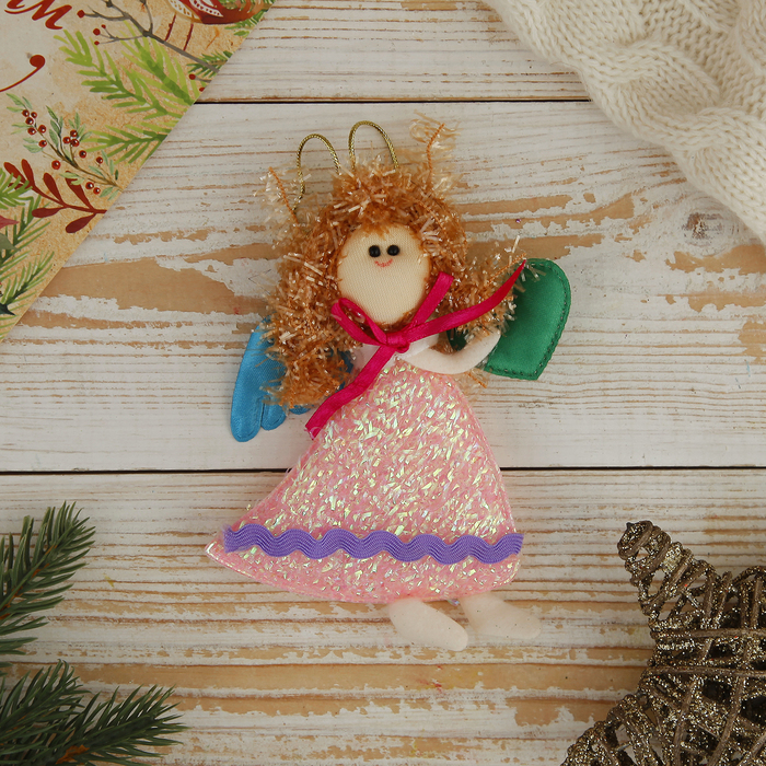 Мягкая ёлочная игрушка "Ангелок в розовом платье" с сердцем