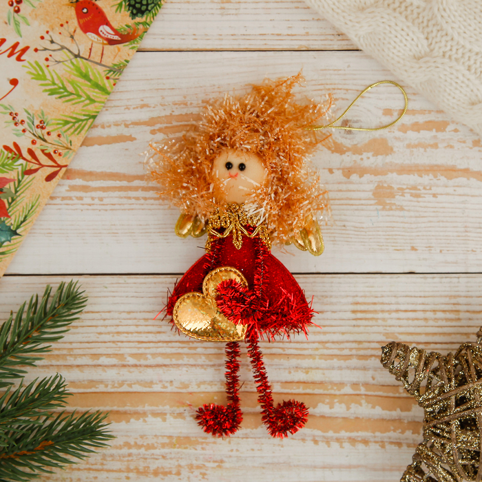 Мягкая ёлочная игрушка "Блёсточка" фея с сердечком, в красном