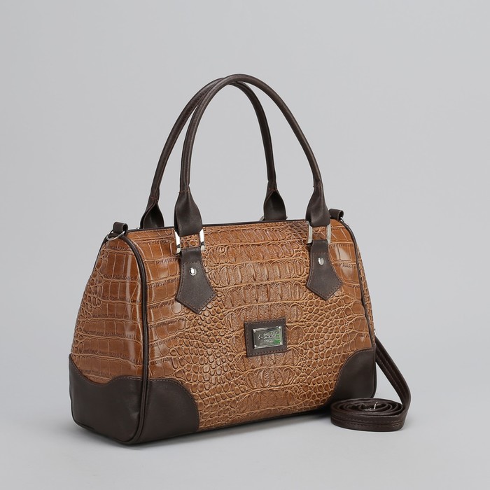 Сумка женская на молнии, 1 отдел, 1 наружный карман, длинный ремень, коричневый крокодил