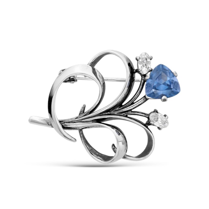 Брошь "Цветение", посеребрение с оксидированием, цвет синий