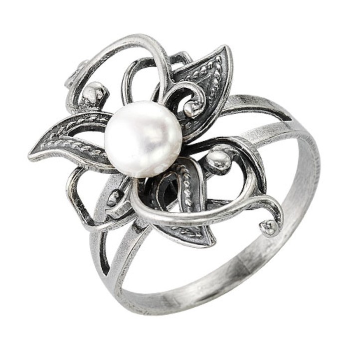 Кольцо "Жемчуг" абстракция лиственная, посеребрение с оксидированием, 17 размер