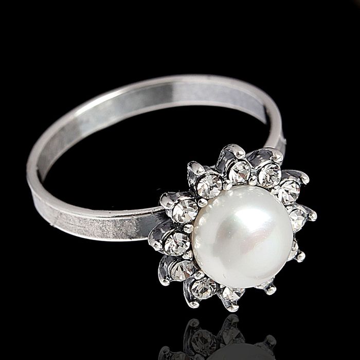 Кольцо цветок "Жемчуг", посеребрение с оксидированием, размер МИКС