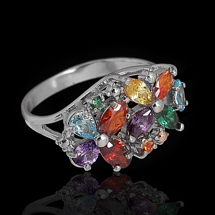 Кольцо "Радуга камня", посеребрение с оксидированием, размер МИКС