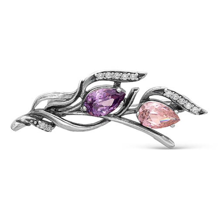 Брошь "Тюльпаны", посеребрение с оксидированием, цвет сиренево-розовый