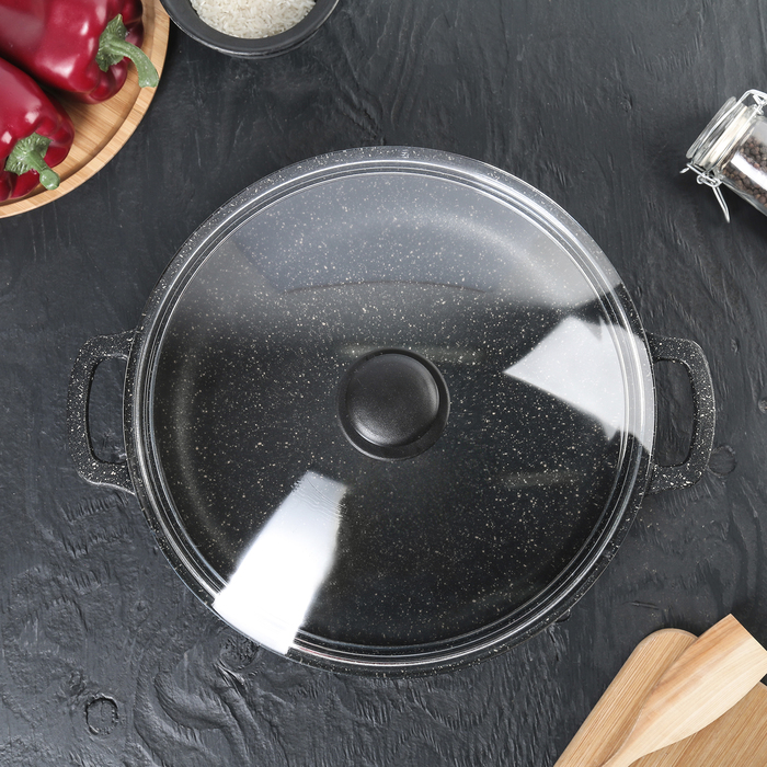 Жаровня 28 см "Гранит", h=7 см, стеклянная крышка