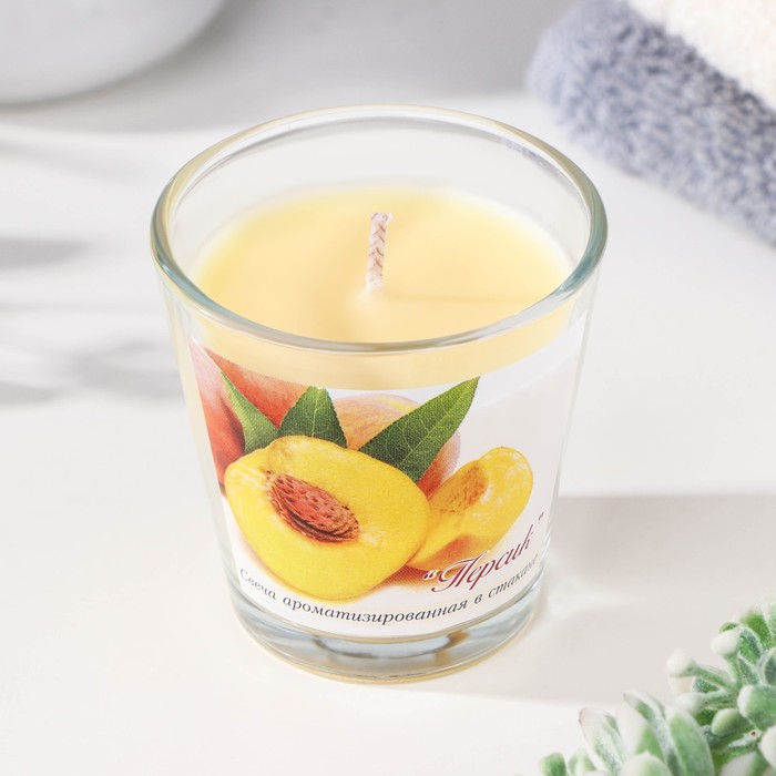 Свеча ароматическая в стакане Персик, 6,5х6,5 см, 10 ч, 165 г, желтая свеча ароматическая в стакане яблоко 6 5х6 5 см 10 ч 165 г зеленая