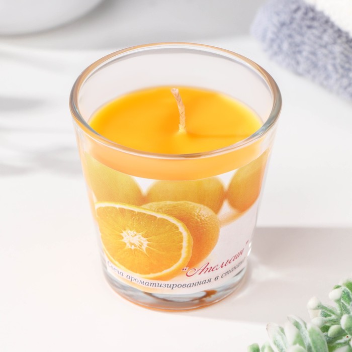 Свеча ароматическая в стакане Апельсин, 6,5х6,5 см, 10 ч, 165 г, оранжевая свеча цилиндр ароматическая апельсин 5х11 5см 25 ч 115 г оранжевая