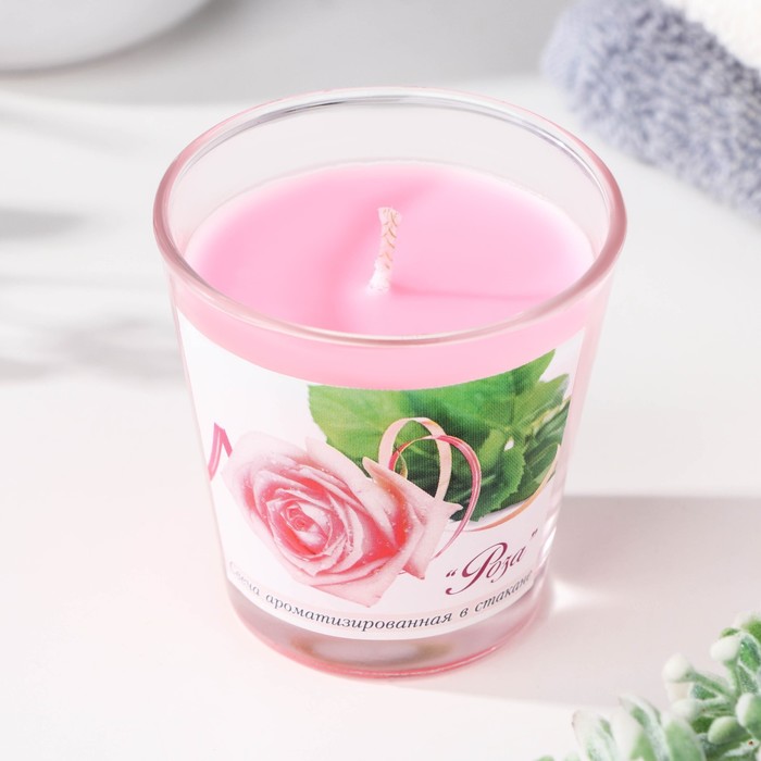 Свеча ароматическая в стакане Роза, 6,5х6,5 см, 10 ч, 165 г, розовая