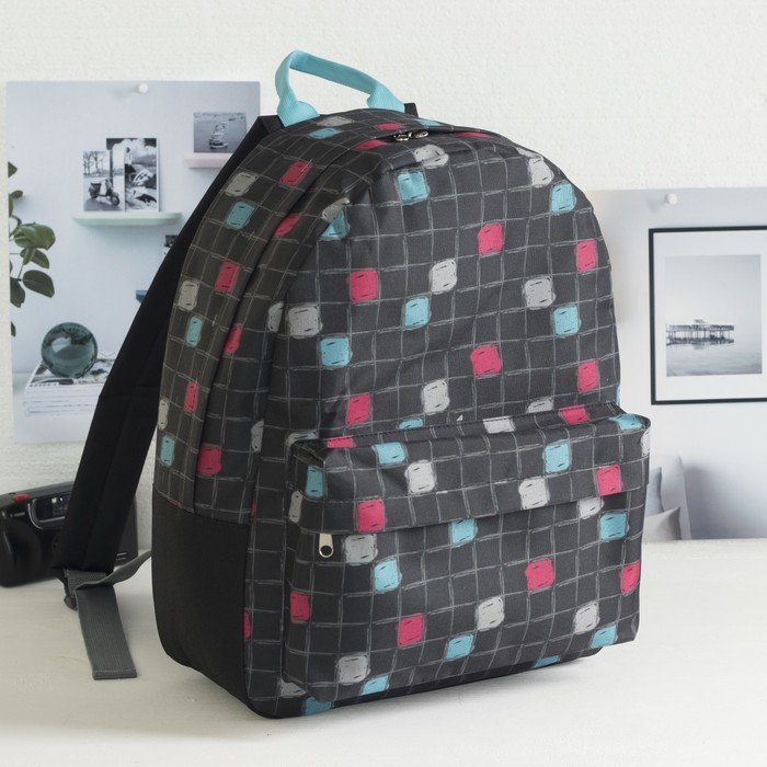 Рюкзак молодёжный на молнии "Цветные квадратики", 1 отдел, 1 наружный карман, чёрный