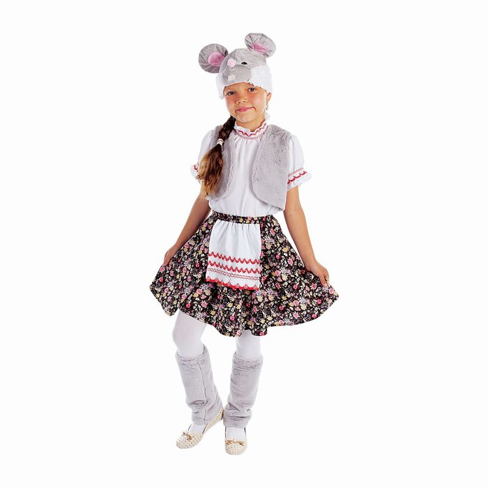Карнавальный костюм "Мышка", блузка, юбка с фартуком, меховой жилет, шапка, гетры, р-р 56, рост 98-104 см