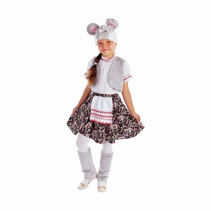 Карнавальный костюм "Мышка", блузка, юбка с фартуком, меховой жилет, шапка, гетры, р-р 60, рост 110-116 см