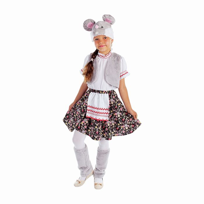 Карнавальный костюм "Мышка", блузка, юбка с фартуком, меховой жилет, шапка, гетры, р-р 64, рост 122-128 см