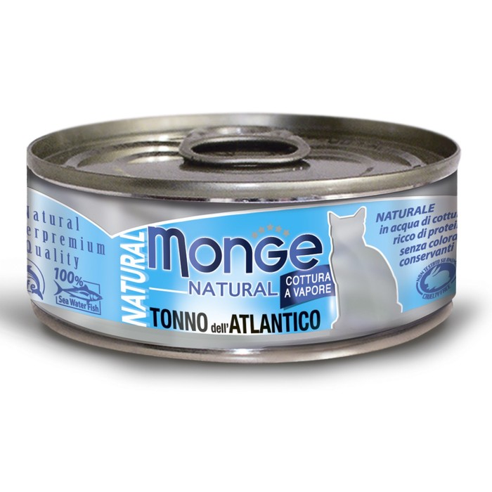 Влажный корм Monge Cat Natural для кошек, атлантический тунец, ж/б, 80 г тунец экошеф 240 г натуральная ж б ключ