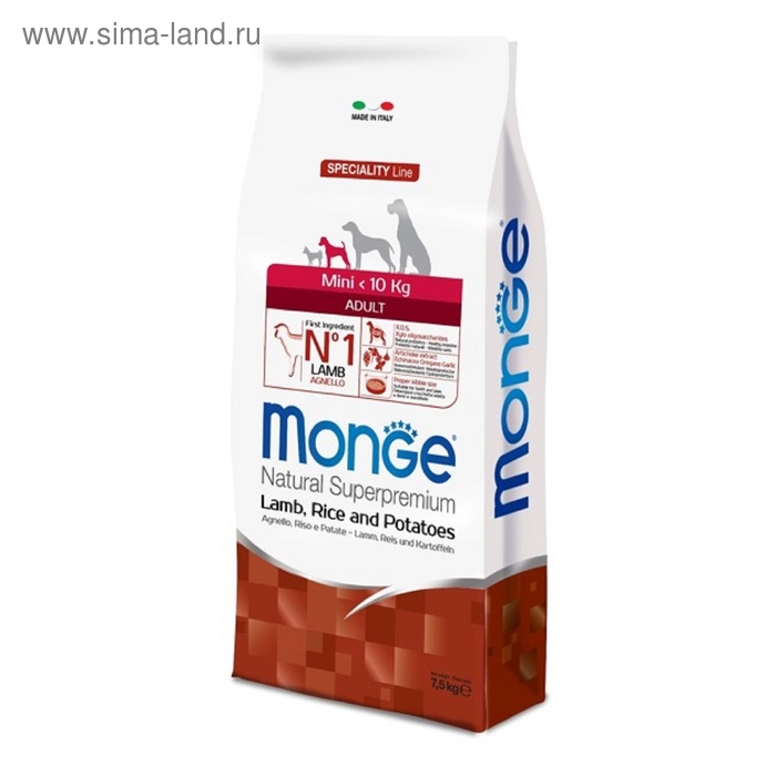 

Сухой корм Monge Dog Speciality Mini для собак, ягненок/рис/картофель, 7,5 кг.