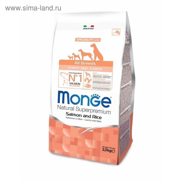 

Сухой корм Monge Dog Speciality Puppy&Junior для щенков, лосось/рис, 2,5 кг.