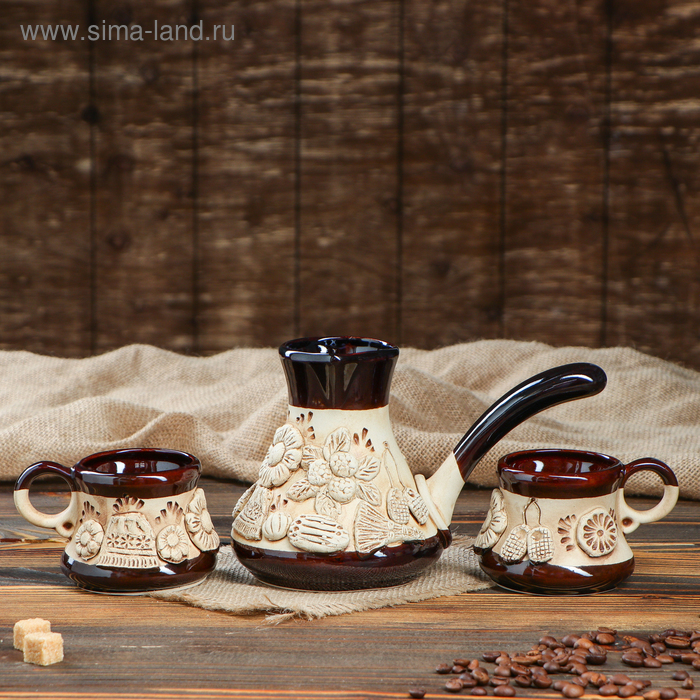 фото Кофейный набор "деревенька", лепка, 3 предмета: турка 0,5 л, чашки 0,2 л, микс керамика ручной работы