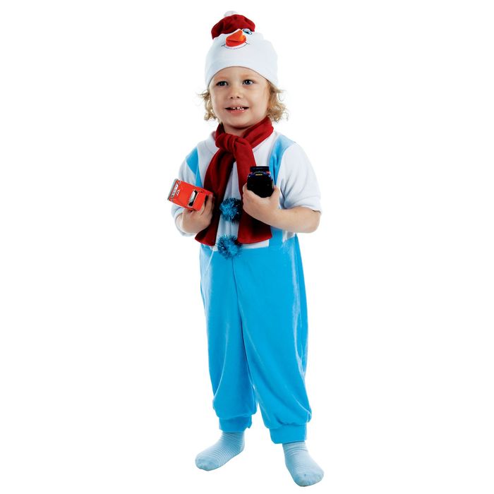 Детский карнавальный костюм "Снеговик в штанишках", велюр, 3 предмета: комбинезон, шарф, шапка, рост 98 см