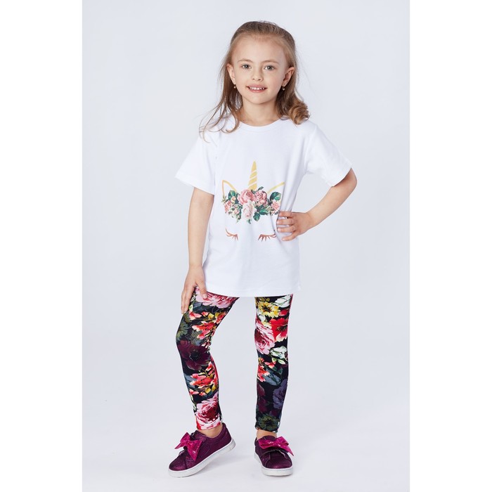 Легинсы для девочки "Волшебная радуга", рост 128 см (64), цвет чёрный, принт цветы ДРЛ894820н