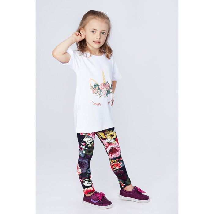 Легинсы для девочки "Волшебная радуга", рост 128 см (64), цвет чёрный, принт цветы ДРЛ894820н