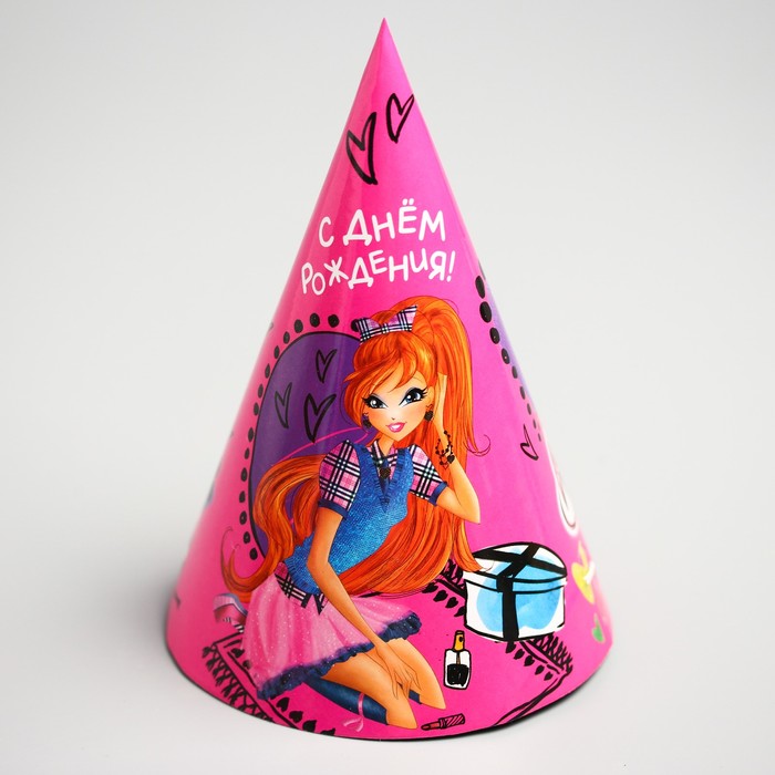 Колпак (набор 6 шт) "С Днем Рождения", сердечки, феи ВИНКС: Блум