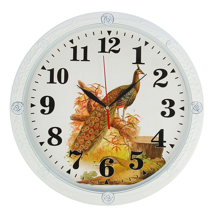 Часы настенные круглые "Павлин", d=40 см, рама белая, вставки в форме роз
