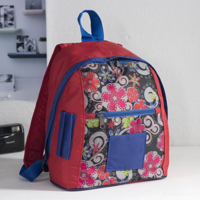 Рюкзак детский на молнии "Цветы и узоры", 1 отдел, 1 наружный карман, красный/серый/синий